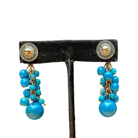 Handmade Dangle Drop Earrings Clustered Turquoise Colored Round Stones Pierced - Picture 1 of 4